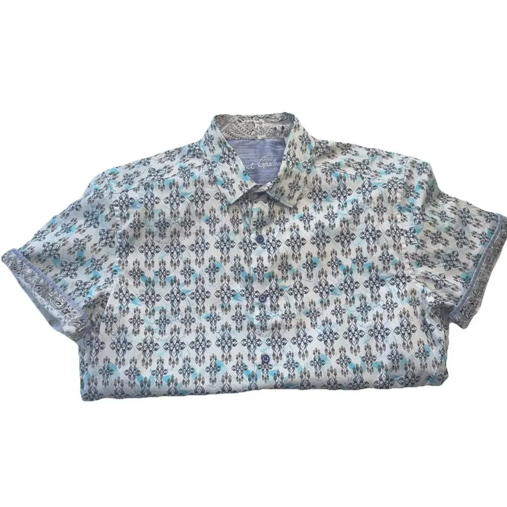 Robert Graham Mens Shirt Medium Teal Pattern Button‎ Front Flip Cuff